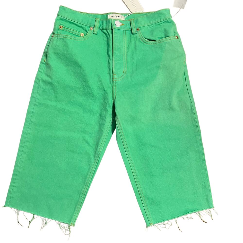 Tory Burch Raw Hem Denim Cutoff Shorts Green Size 27 High Rise Designer